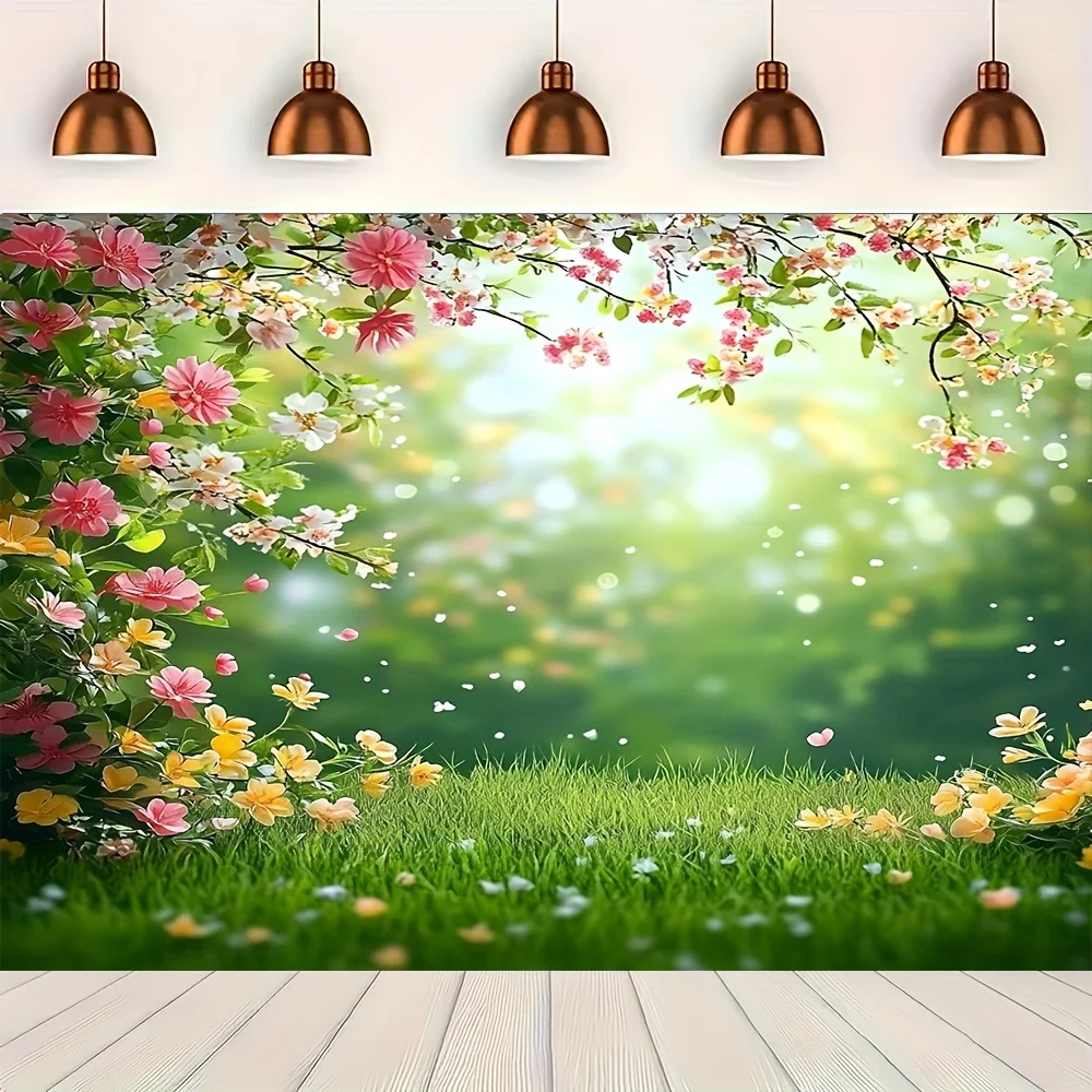 Frühlingshintergrund mit lebendigen Blumen und grünem Rasen, Fotografie-Hintergrund für Kinder- und Erwachsenen-Geburtstagsfeiern