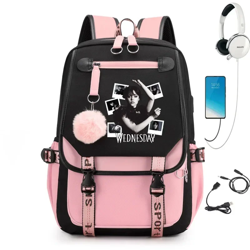 Wednesday Addams Cosplay Backpack USB Charge Laptop SchoolBag Rucksack Women Men Backbag Travel Daypacks Woman Leisure Bags