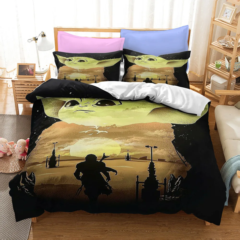 Cartoon Baby Yoda Bedding Set for Kids Boys Double Duvet Cover Comforter Sets Mandalorian Master Yoda Sheet Baby Bedspreads Kdis