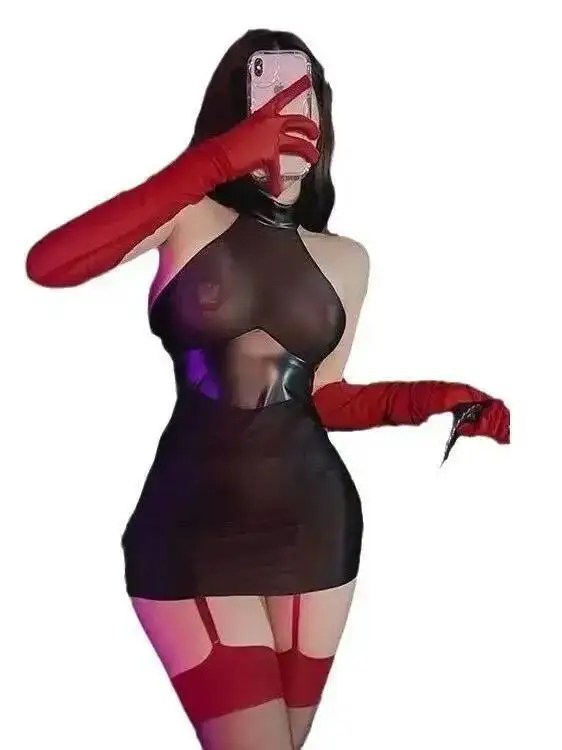 Plus Size 100kg Sexy Hot Girl Pure Desire Sexy Midnight Uniform Dress Elegant Tank Mini Dress Mesh Lace Sheer Hot Sexy Tops OLJ8