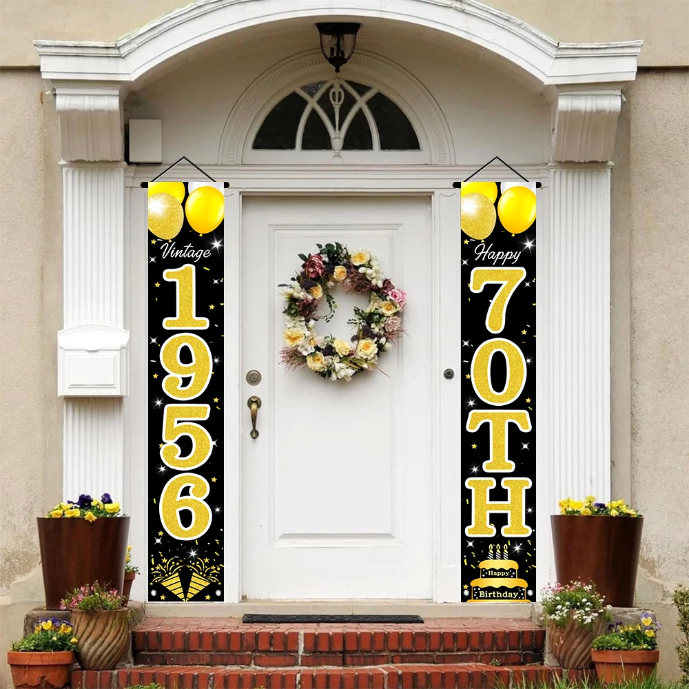 Schwarz-Gold Glitzer 70. Geburtstag Veranda-Banner, Retro 1956 Vintage Geburtstags-Türbanner mit Luftballons und Kuchen für die Feier – Detail 9