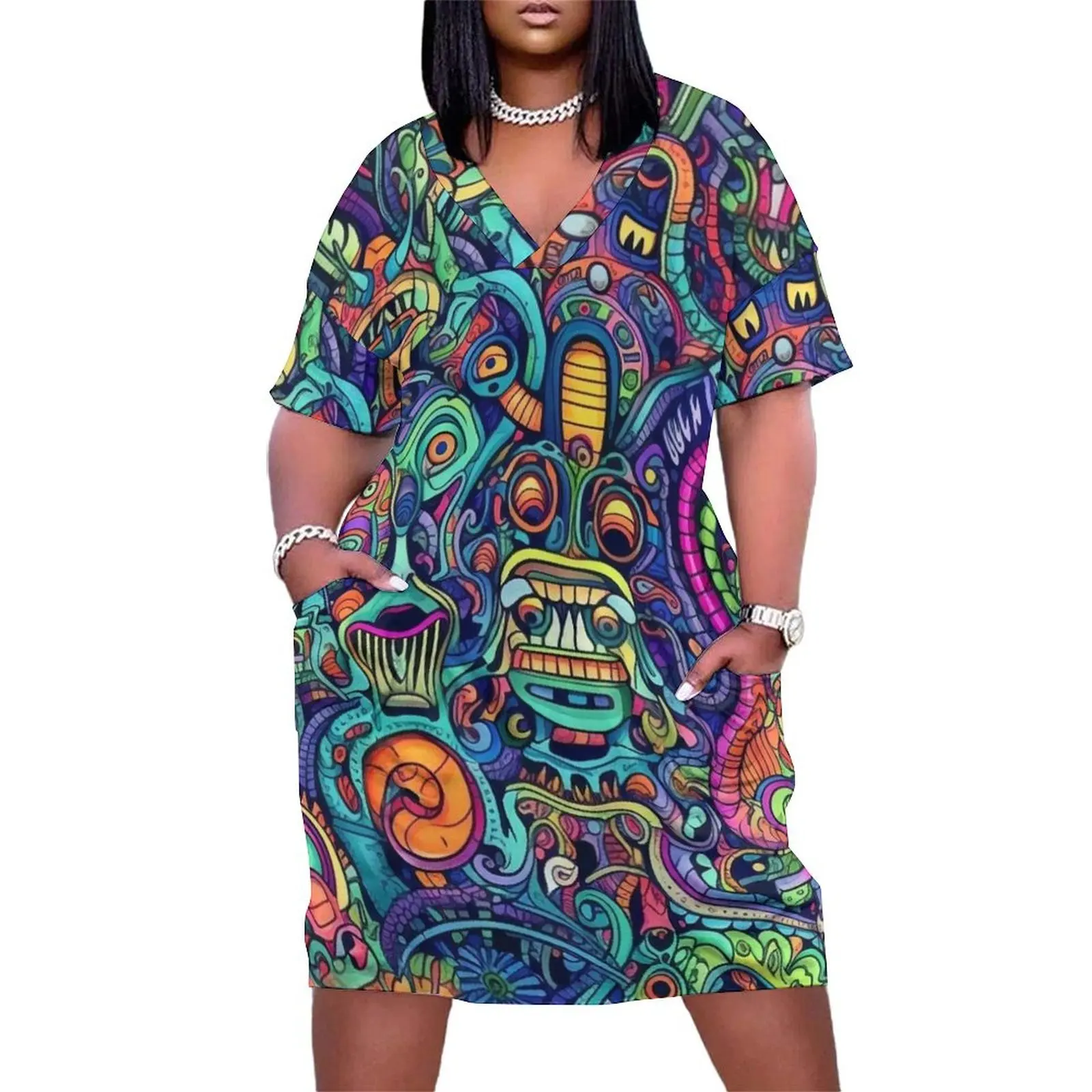 Alien Doodle Pattern Loose Pocket Dress Dresses gala Elegant gowns Dress woman beach dresses