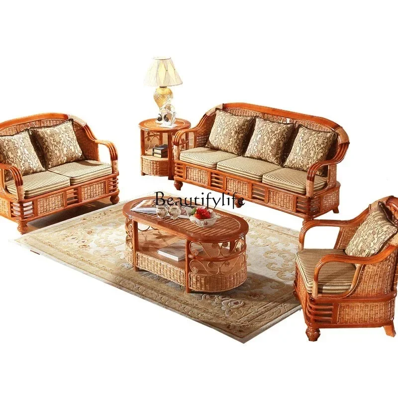 Rattan Sofa Combination Living Room Three-Person Bamboo Rattan Furniture Solid Wood