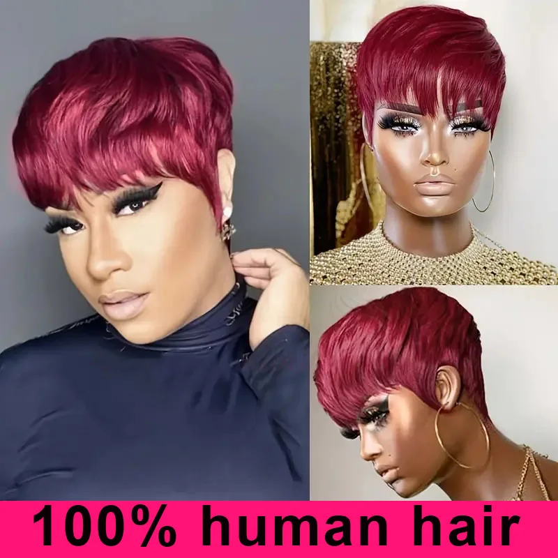 

Red Burgundy 99J Color Short Bob Pixie Cut Wig With Bangs Straight 100% Remy Human Hair Wigs For Women Full Machine Made Wig