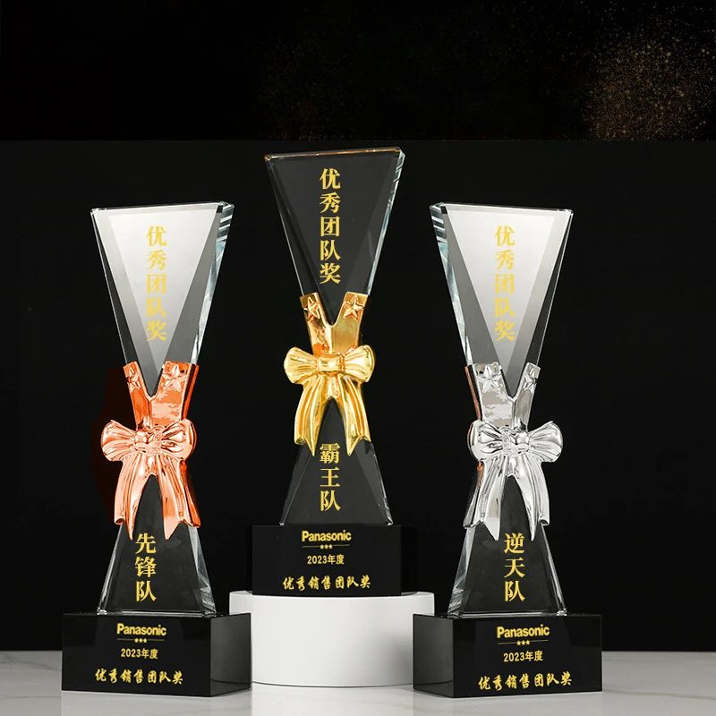 

Customized High-end Bow Crystal Trophy, Creative Metal Insert Honorary Medal, Annual Meeting Award Free Engraving Home Decor 1Pc