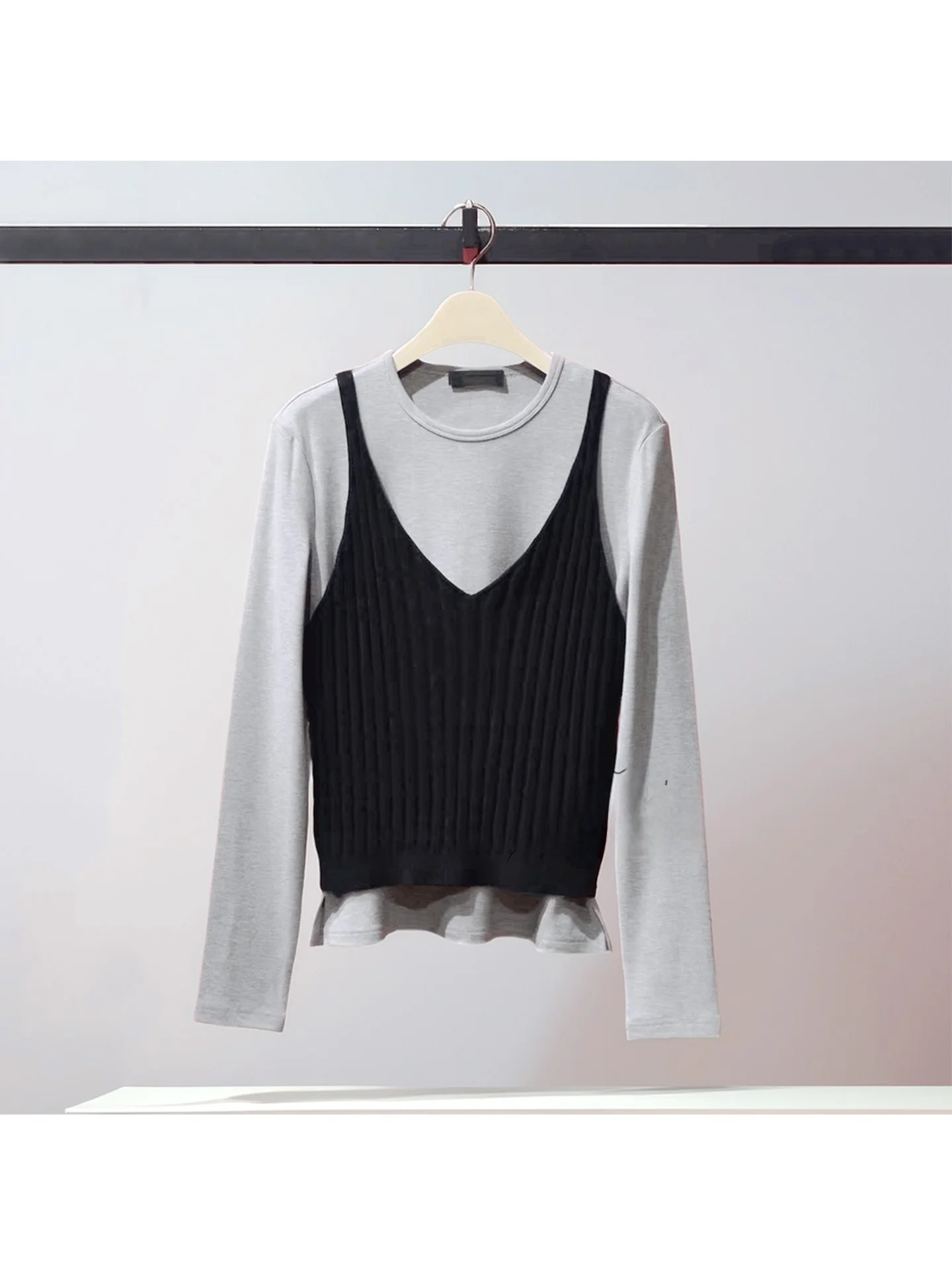 Conjunto de duas peças para mulheres: top de malha slim fit e camisa básica, elegante e versátil, novidade para outono/inverno.