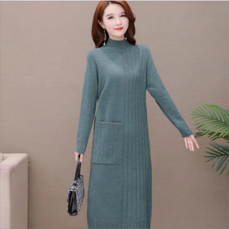 

Winter thickening plus velvet sweater dress Women's semi-turtleneck knitted elegant warm front yard knitted skirt