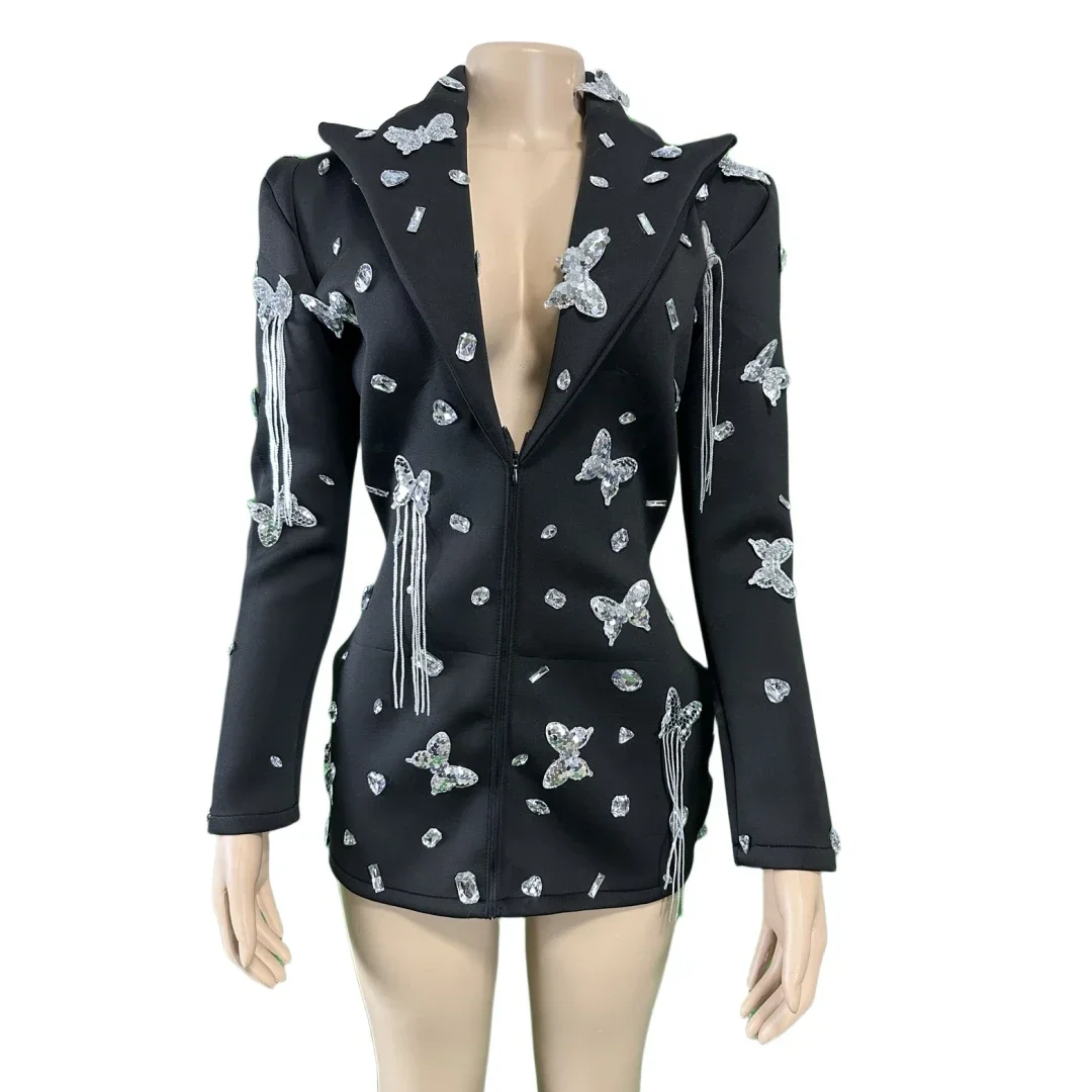 

Женское платье 2026 для дня рождения, фестиваля, выступления певицы, черный блейзер с пайетками, дизайн «Бабочка», сценический костюм для карнавала