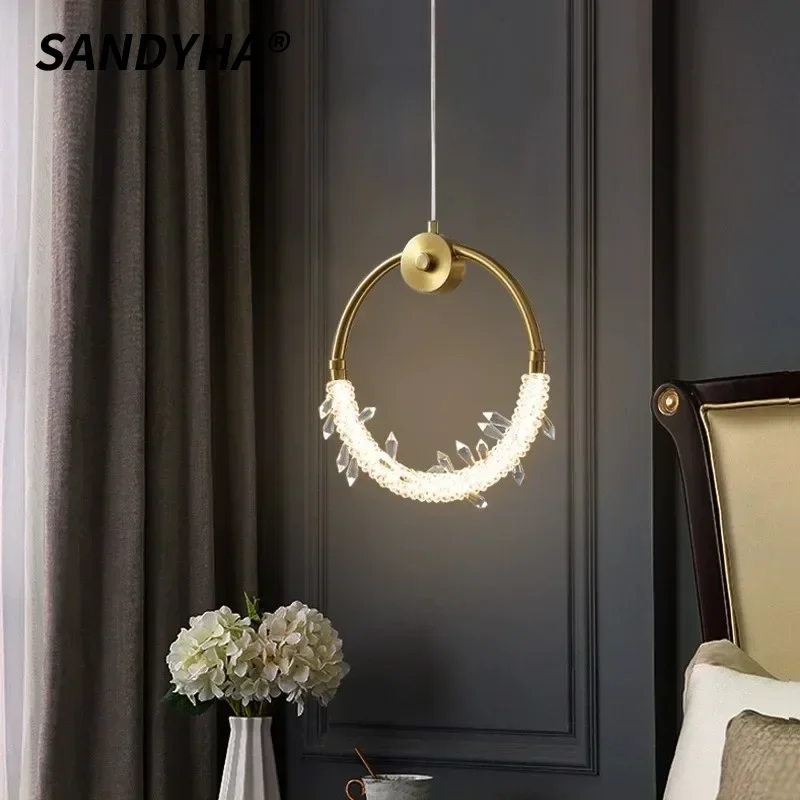 

SANDYHA Nordic Crystal Chandelier Modern Circular Bedside Pendant Light LED Lighting Fixture for Bedroom Living Room Home Decor