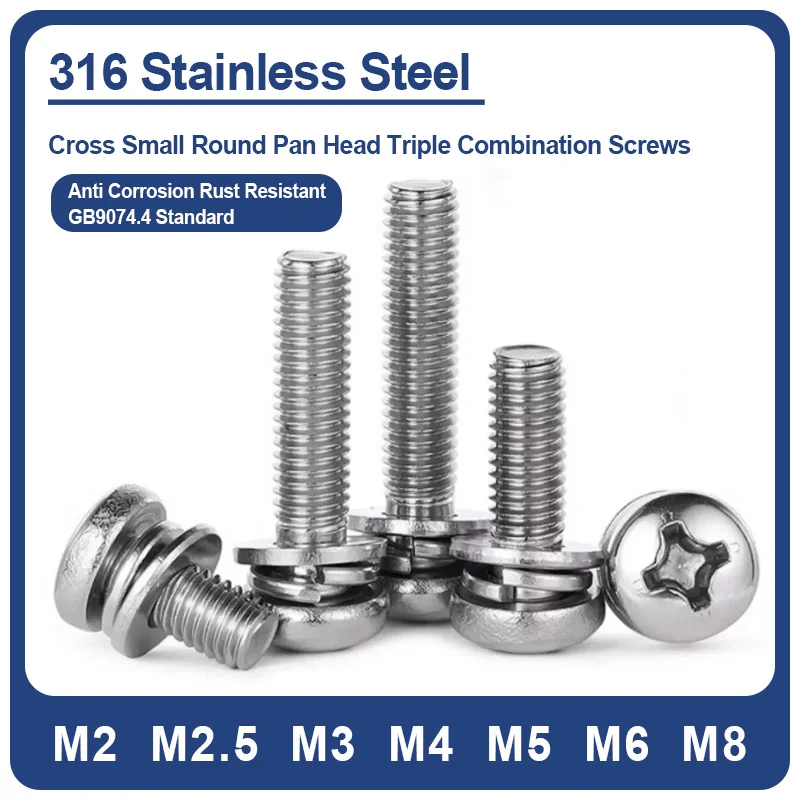 GB9074.4 316 Stainless Steel Small Round Pan Head Cross Combination Screws Spring Flat Triple Washer Machine Bolts M2 M2.5 M3-M8