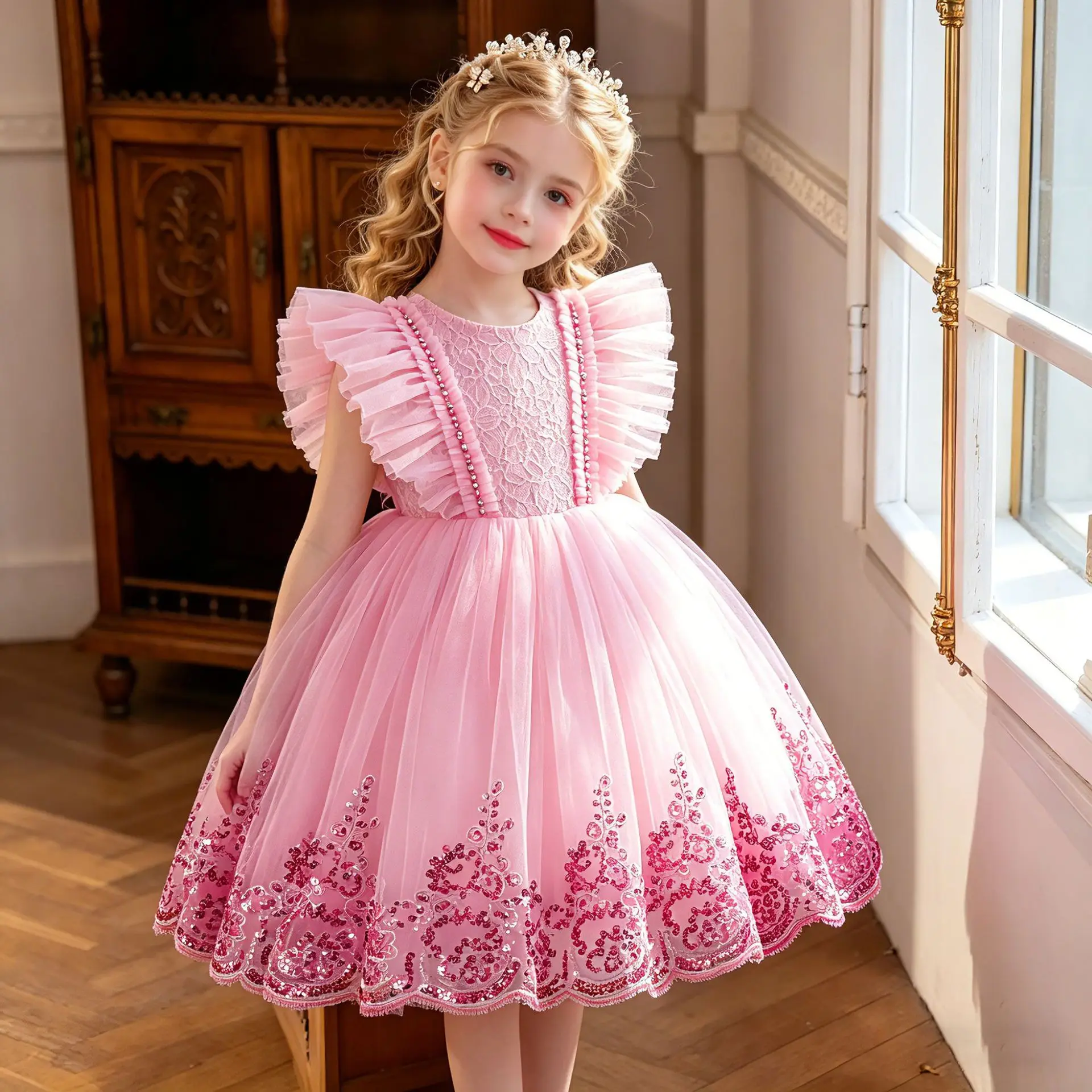 Luxury Pink Kids Formal Gown Tulle Flutter Sleeves Lace Beaded Satin Bow Waist Heavy Sequin Embroidery Hem Short Party Dress