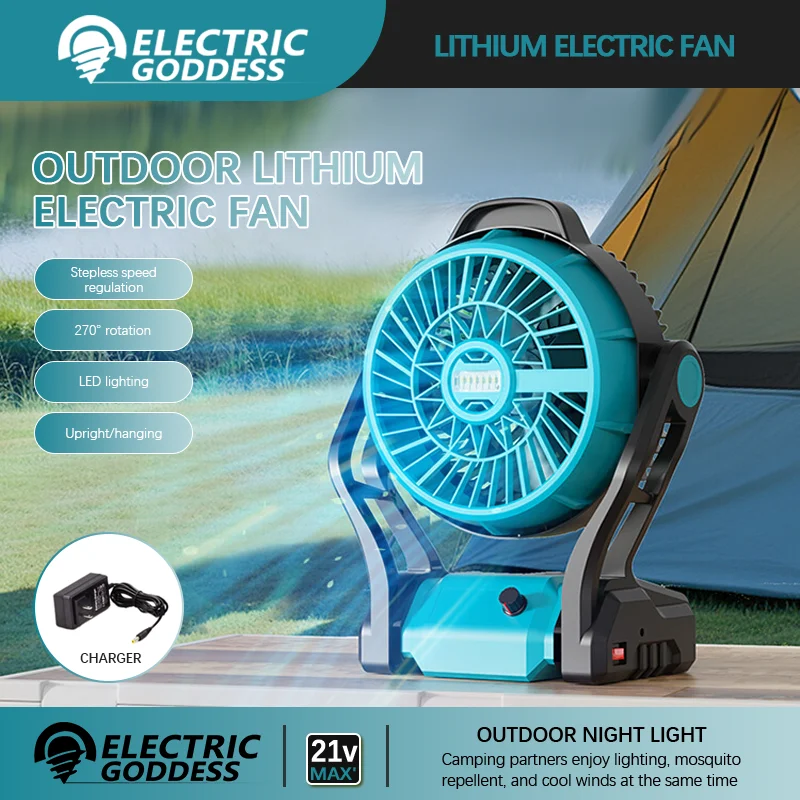 

Electric Goddess Outdoor Camping Fan 270° Rotation LED Portable Table Desktop Shake Head Fan Air Circulators For Makita Battery