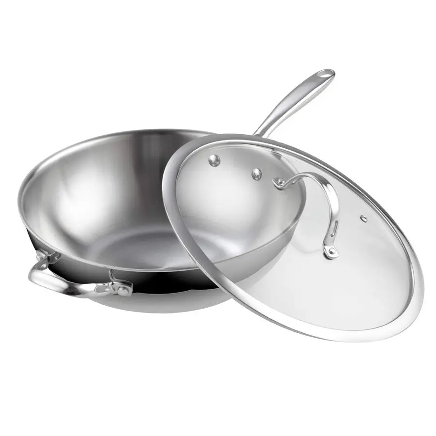 

Wok Pan Stainless Steel, 12Inch MultiPly Clad Stir Fry Pan with Glass Lid, Induction Cookware, Silver