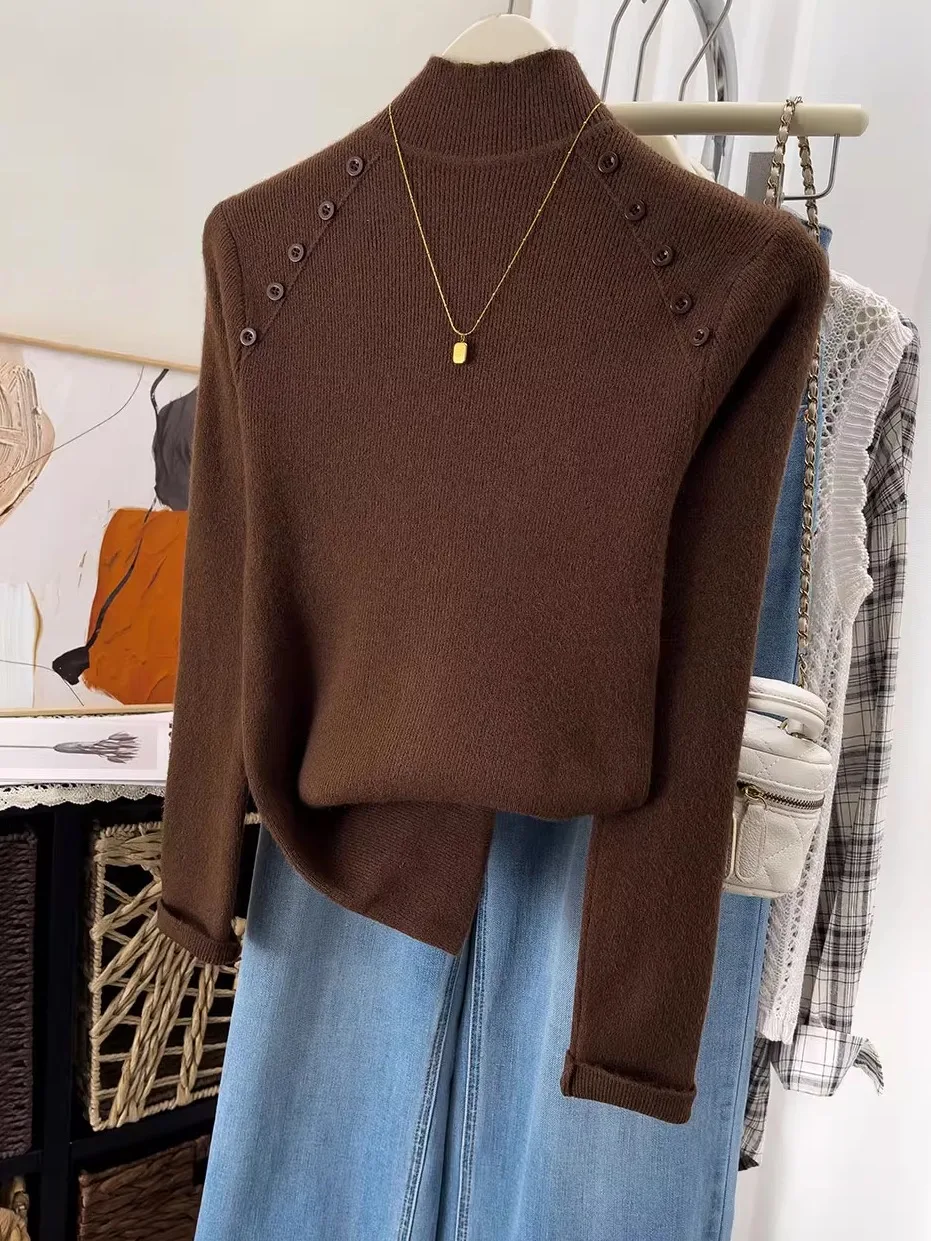 Plus Size Damen Gestrickte Lange Sve Base irt f Hoher Kragen Slim Fit Dekorative Knopf Pendeln Sle Koreanische Version Inn...