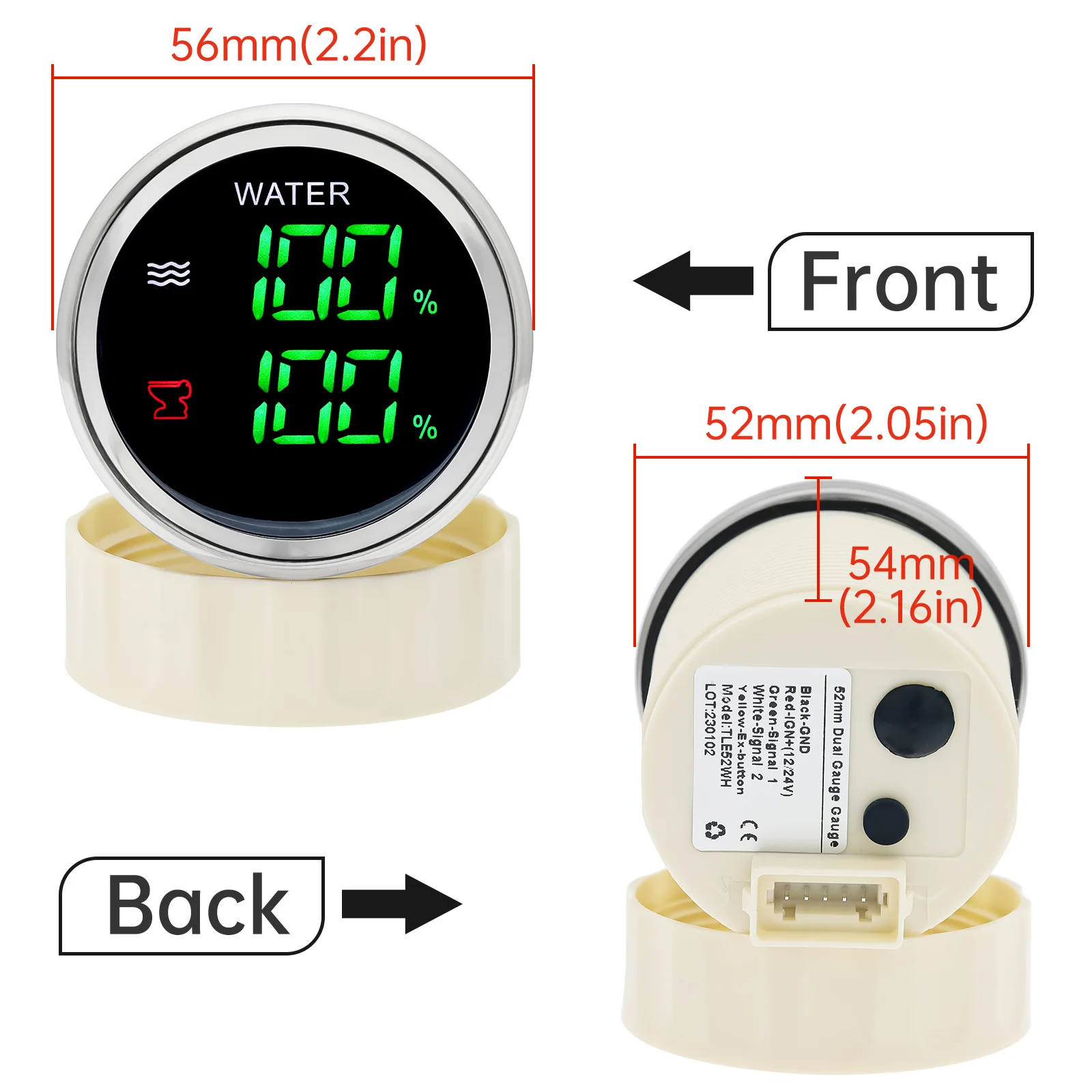 NEW 52mm Dual Gauge Water Level Gauge Sewage Level Meter with Warning Water Level Sensor 0-190 Ohm for Marine Boat Truck Car