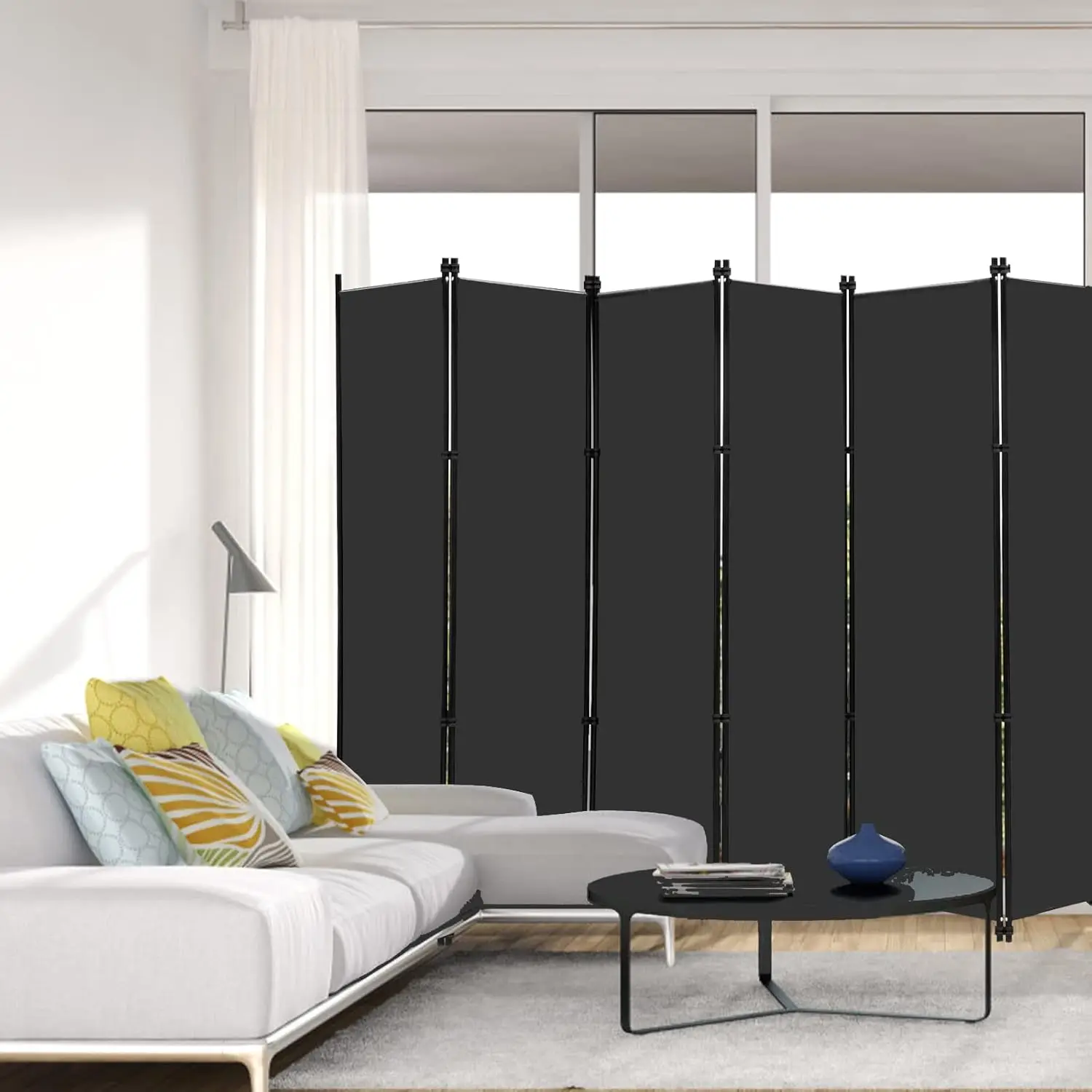 

6 Panel Folding Privacy Screen Room Divider 9 Feet Wide 6 Feet Tall Portable Office Partition Wall Black