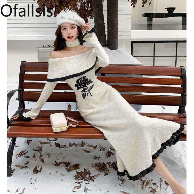 Ofallsis French Temperament Gentle Style Slim Fit Dress 2024 Autumn Winter New Apricot Ruffled One Shoulder Knitted Dresses