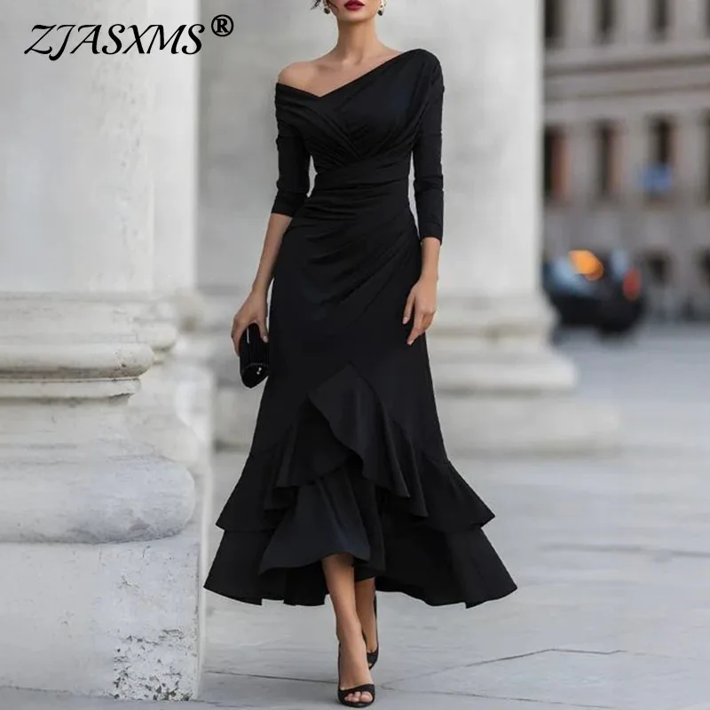 Women Solid Inclined Shoulder Dress Irregular Off‑Shoulder 3/4 Sleeve Layered Ruffle Mermaid Dress Elegant Guest Evening Dresses