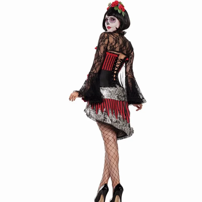 New Adult Skeleton Day of The Dead Costume Women's Sexy Sugar Skull Dia Flower Fairy Halloween ghost vampire bride Fancy Dress