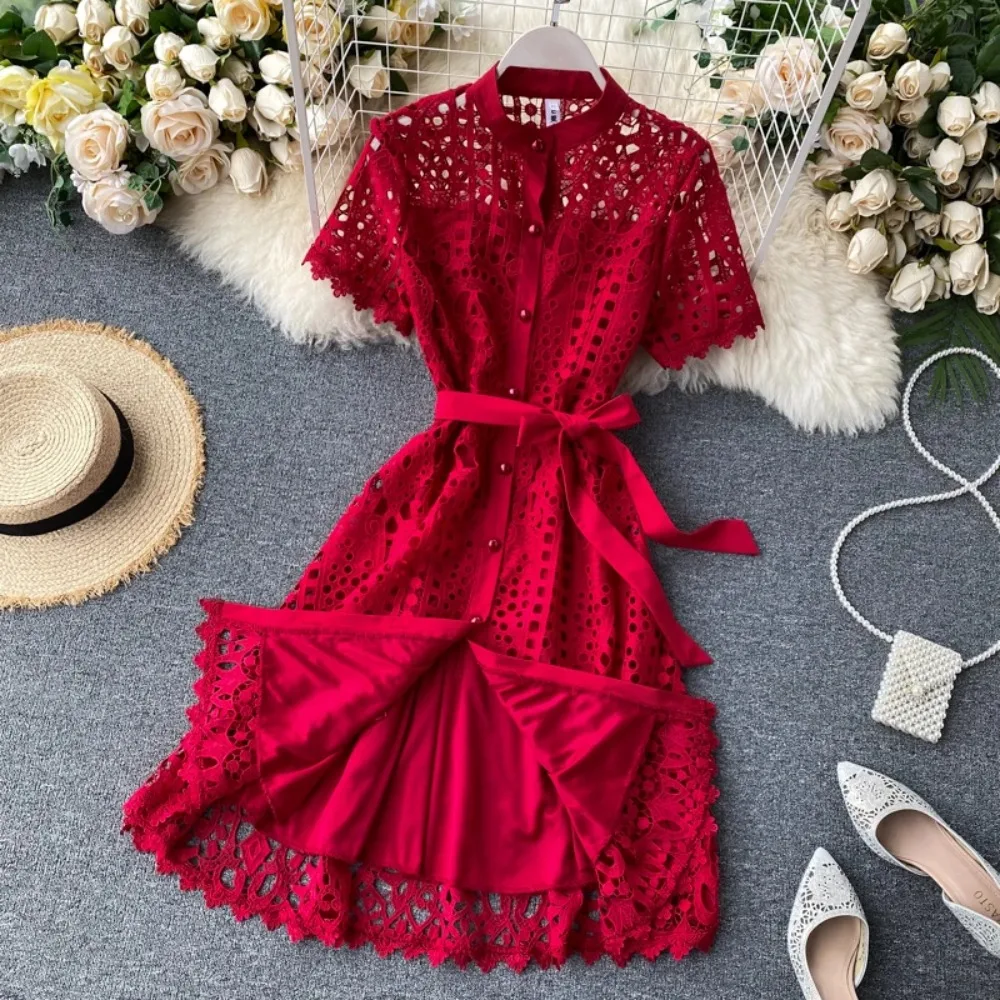 French Vintage Lace O-neck Hollow Out Bandages Short Sleeves Dress Casual Women Fashion Spring/Summer Vestidos Dress