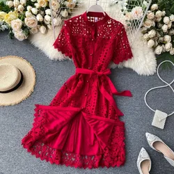 French Vintage Lace O-neck Hollow Out Bandages Short Sleeves Dress Casual Women Fashion Spring/Summer Vestidos Dress
