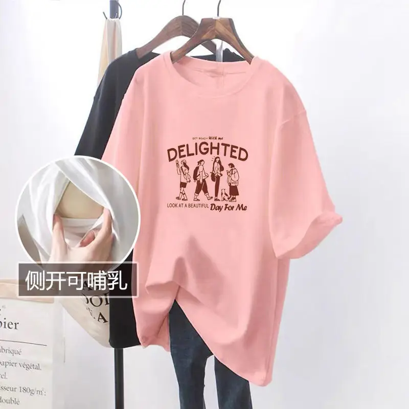 Pregnant Summer Breastfeeding T-shirt Short Sleeve O-neck Printing Nursing Tops Pregnant Women Outer Clothes For Postpartum Mom