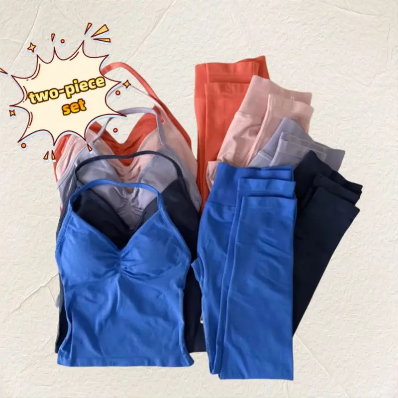 2025 Yoga 2-piece Set Summer Women's Neck Length Yoga Vest Hip Lift Shorts Comfortable Elastic Set Gym Sports and Fitness