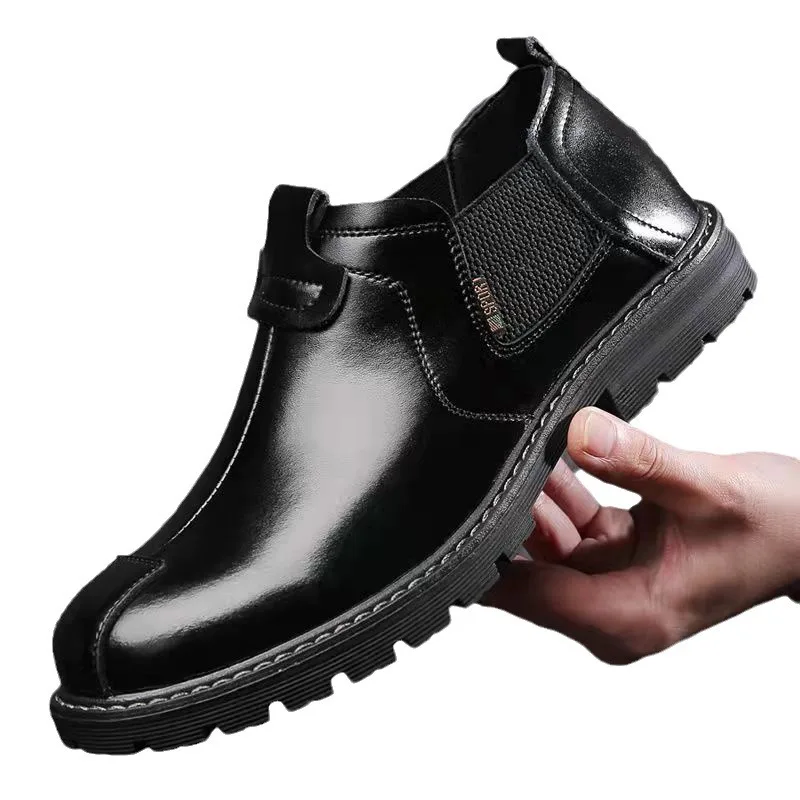 

Men's Black Leather Slip-On Work Shoes New Comfortable Casual Business Boots Non-Slip Rubber Sole Durable Outdoor Wear Formal