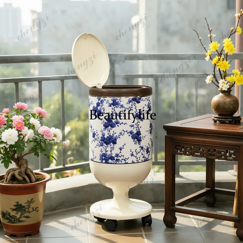Retro blue and white porcelain trash can with wheels mobile home living room Chinese no-bending vertical trash can