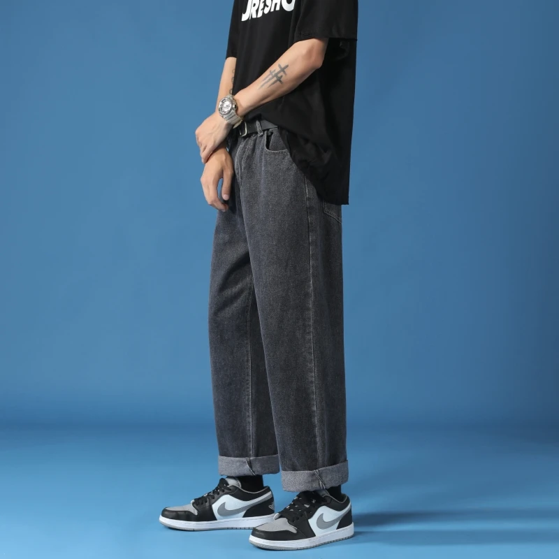 CAAYU 2023 Casual Baggy Jeans Mens Japan Streetwear Fashion HipHop Straight Wide Leg Trousers Couple Casual Pants Black Blue Men