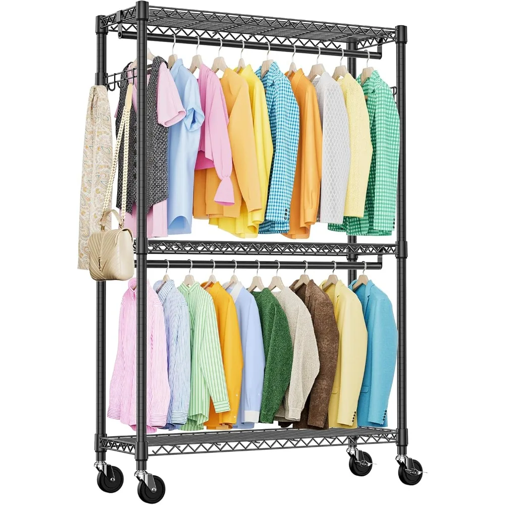 

3 Tier Heavy Duty Rolling Garment Rack Wire Clothes Rack for Hanging Clothes, Metal Freestanding Closet Wardrobe Rack with Doubl