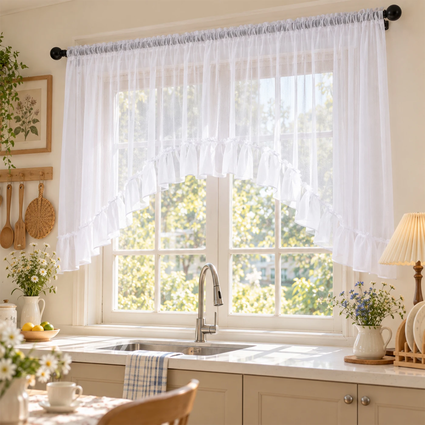 1PC White Ruffle Trim Sheer Curtain With 6cm Pleat Tape, Arched Tulle For Kitchen Living Room And Cafe, Lovely Housewarming Gift