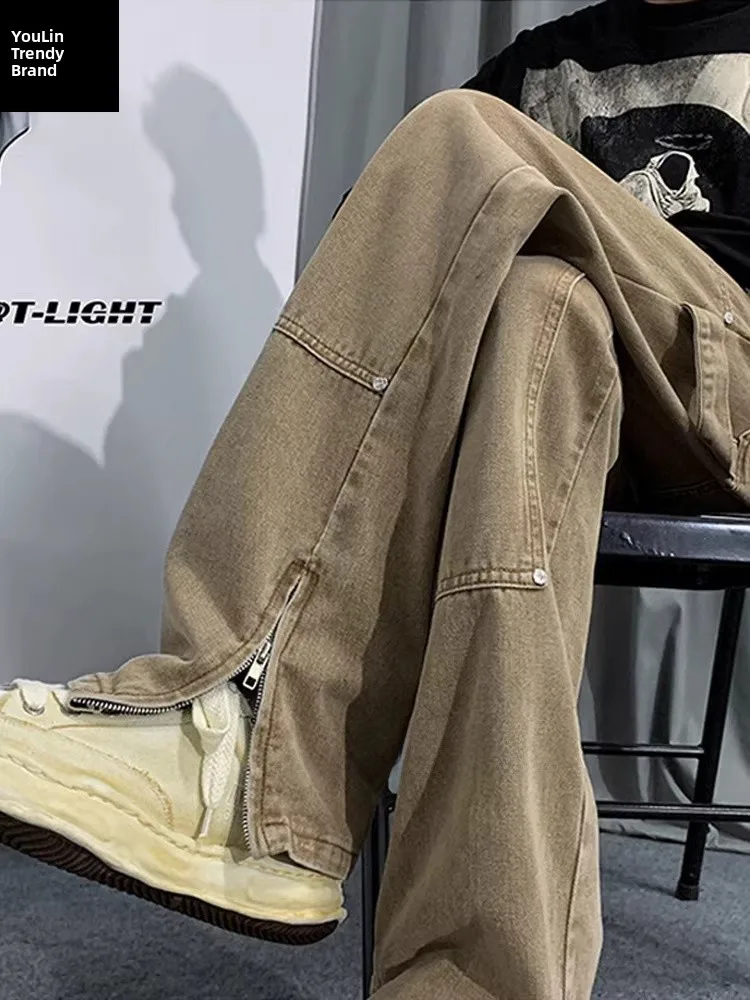 

American Vibe Zipper Cuffed Micro Flared Workwear Jeans Men's High Street Trend Vintage Brown Denim Casual Straight Leg Jeans