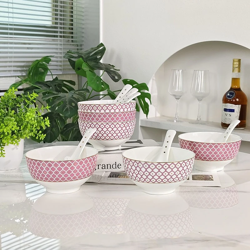 Seven-Pointed Star Series Pink Six Bowls And Six Spoons Set Light Luxury High Appearance Level Household Rice Bowl Gift Box
