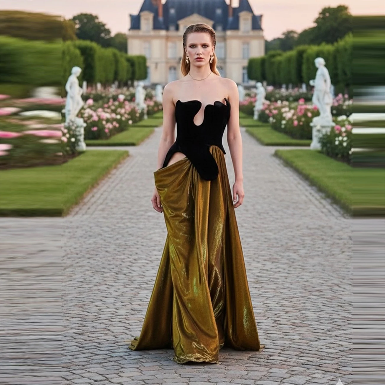 فساتين سهرة باللونين الأسود والذهبي على شكل حرف A بدون حمالات بطول الأرض فستان حفلة موسيقية أنيق للنساء فستان رسمي للحفلات