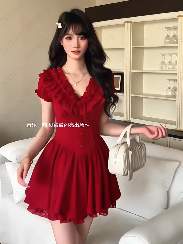 Aesthetic Streetwear Red Y2k Sweet Women Dresses Ruffle puff sleeve Sexy Party Dresses Harajuku Korea Summer Coquettish Dress