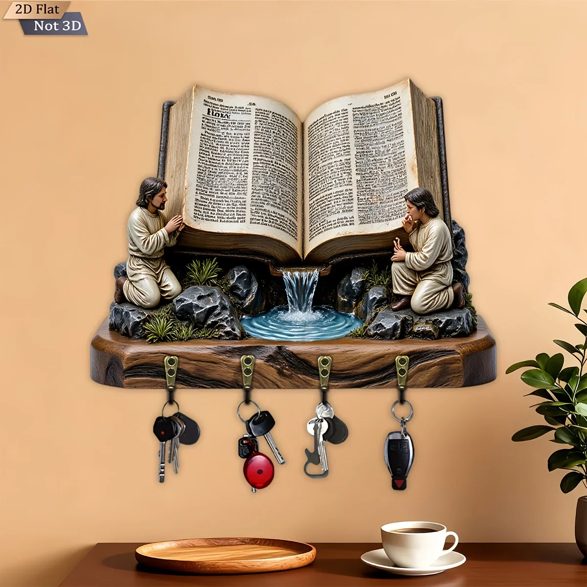 2D Flat, 1pc, Bible Prayer Scene Theme Style Key Hook Wooden Multifunctional Home Key Holder with Four Metal Hooks, Wall