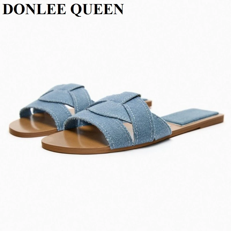 New Fashion Weave Slippers Women Square Toe Flat Casual Shoes Brand Slide 2024 Summer Flip Flops Black Gold Sliver Beach Sandals