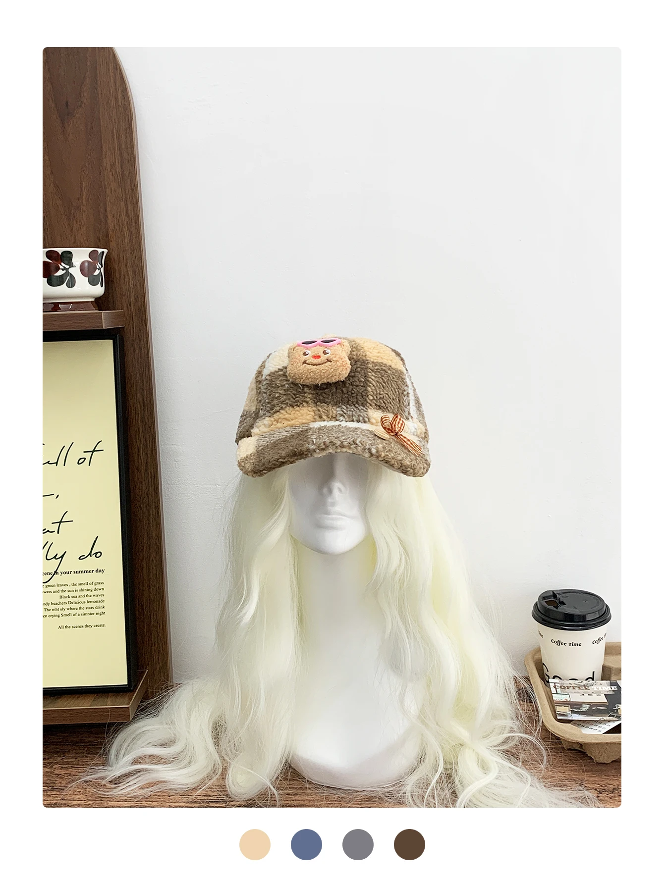 Бархатная фуражка с мультяшным медведем, ягненком, милая и универсальная, бейсбольная кепка в клетку с цветными блоками, утолщенная теплая осенне-зимняя теплая шапка