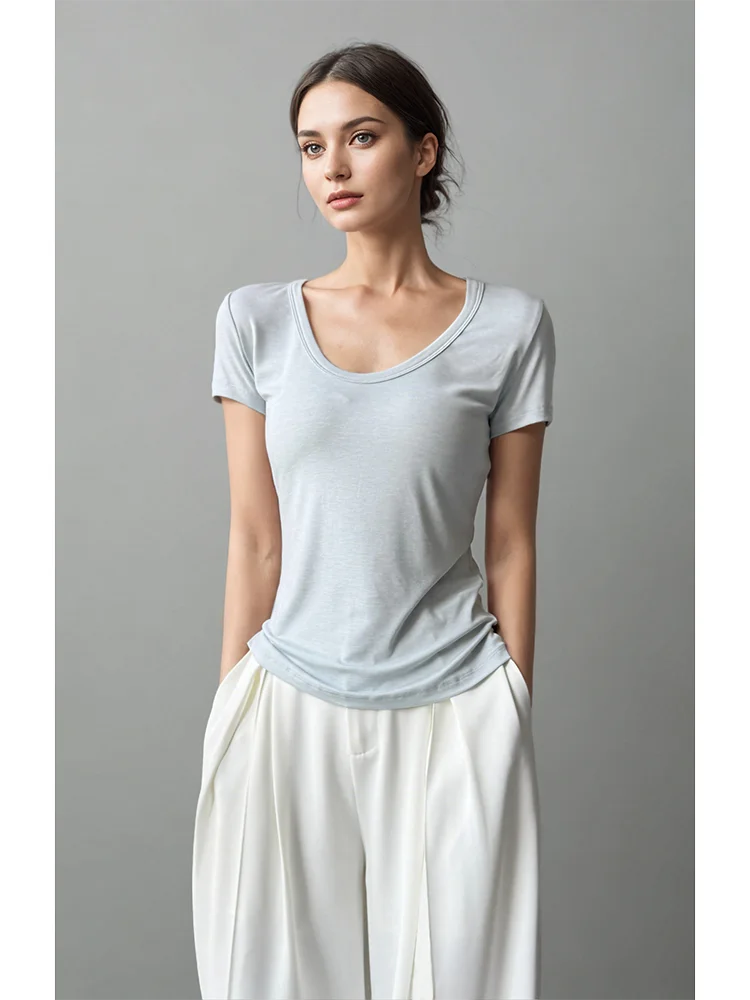 

ANGJIA Summer Loose Women's T-irt U-Ne ort Sve Slimming Waist Design Simple Sle White Color Versatile ort Top