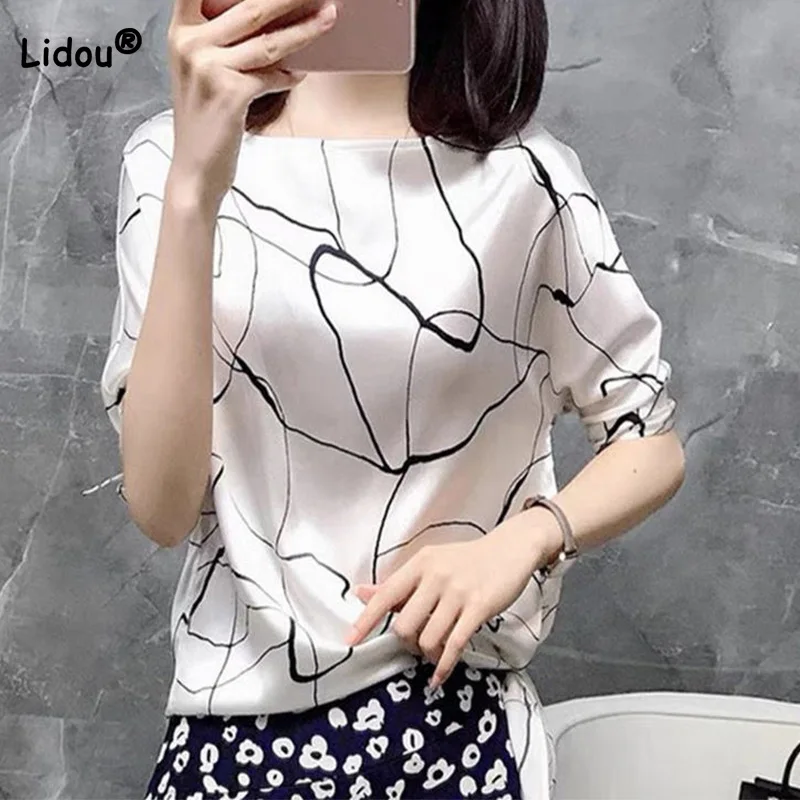 2022 Summer Clothes for Women Ink Painting Printing Crew Neck Satin Half Sleeve T-Shirts Office Lady Loose Chiffon Pullover Top