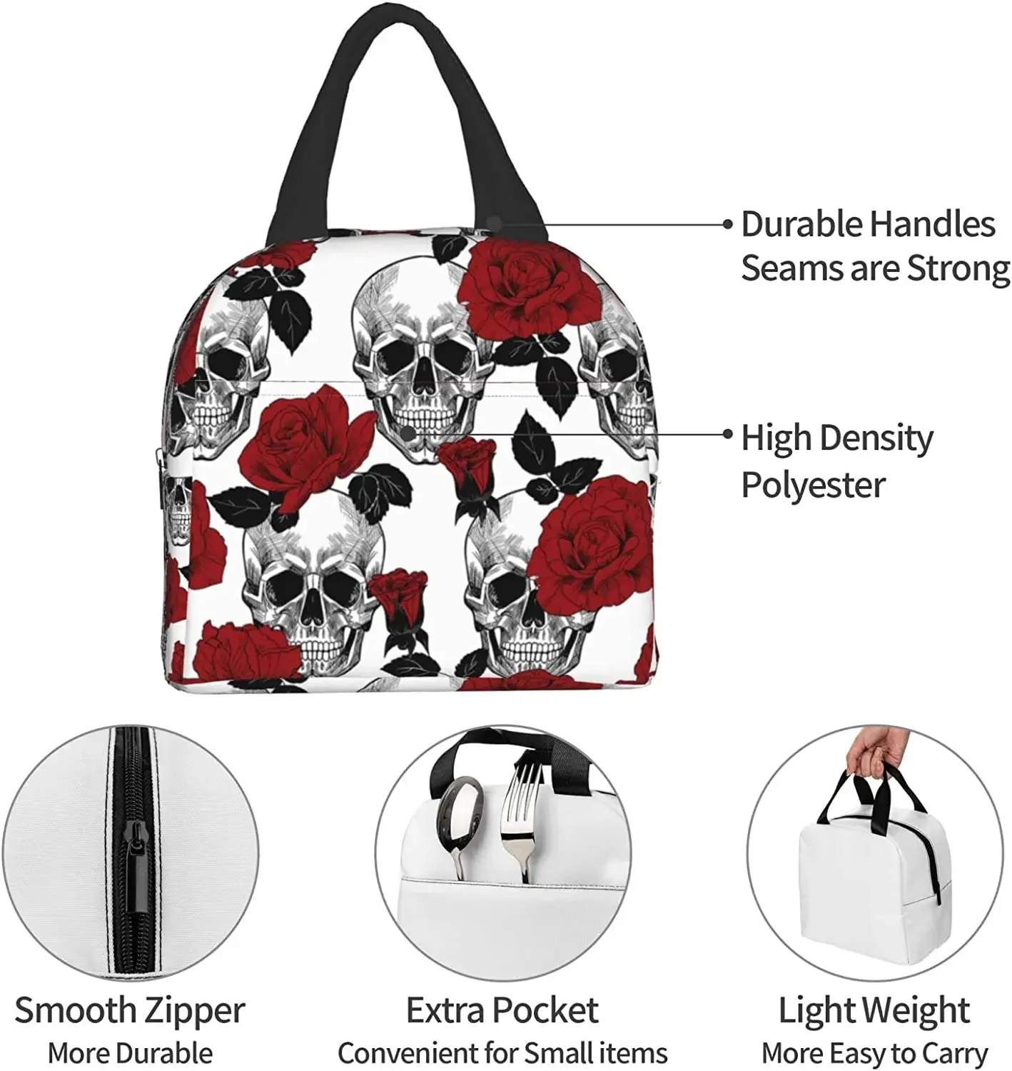 Mooie Rose en Skull Lunchtas Koeler Herbruikbare Lekvrije Thermische Container Tote Handtas voor Werk Picknick Reizen