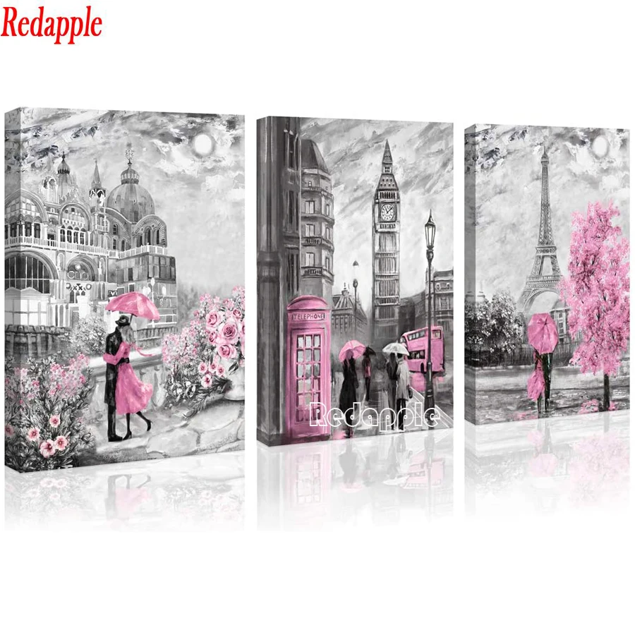 

Triptych Diamond Embroidery London Big Ben Eiffel Tower Black White pink art Full Square/Round Drill 5D DIY Diamond Painting