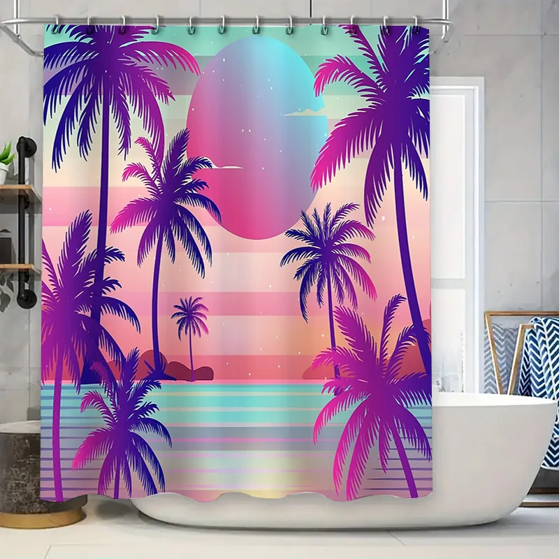 

Tropical Beach Shower Curtain Ocean Sunset Palm Tree Liner Bathroom Decor Hawaiian Vibes Coastal Themed Home Textile Wall Hangin