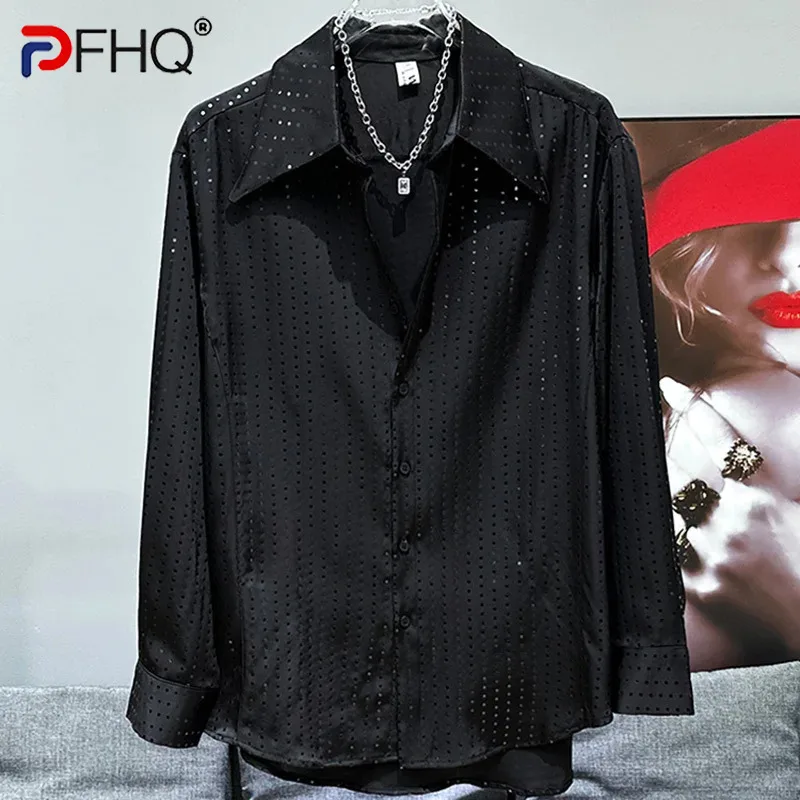 

PFHQ Sequin Sunscreen Long Sleeved Male Shirts Trendy Summer Breathable Light Luxury Men's Turn-down Collar Leisure Tops 21Z4498