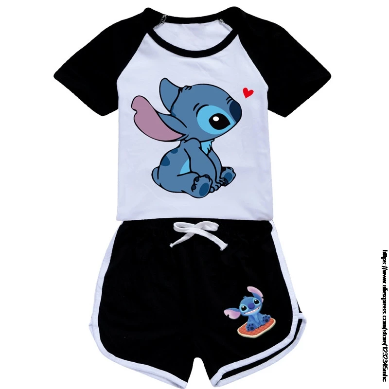 Summer Baby Boys Clothes Cartoon Disney Stitch Print Kids Girls Children Top Tee Short Sleeve T Shirt+Short 2Pcs Set Best Gift