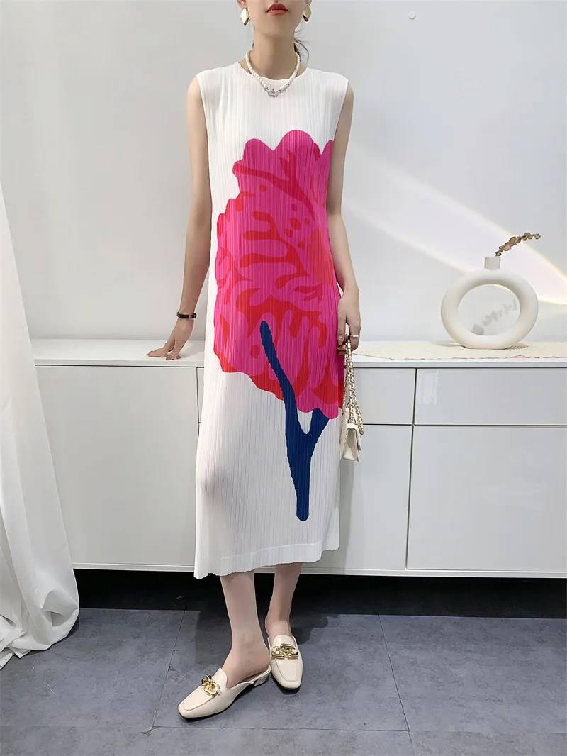 

Floral Print Svel round Ne Gown Ele Pleated Long Dr Summer Commute Sle Polyester Fabric Mid-Length Skirt