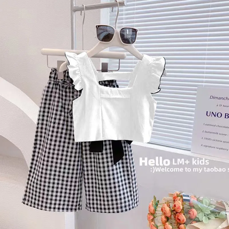 Children's Summer Suit Suit Girls Summer Korean Version of the New Fashion Undershirt Nine Points Plaid Wide Leg Pants Suit