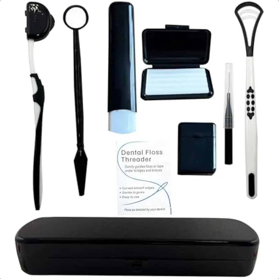 

Portable Orthodontic Oral Care Kit for Braces Interdental Brush Dental Wax Dental Floss Toothbrush Cleaning Kit Black