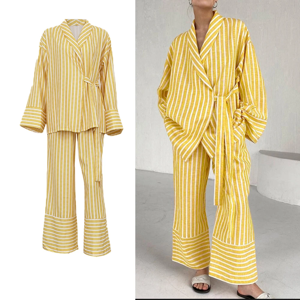 

DriftWear Striped Lounge Set Long Sleeve Tie-Front Blouse High Waist Wide Leg Pants Casual Chic 2pcs Outfit with Belted Cardigan